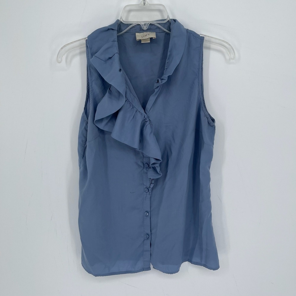 LOFT Women's Blue Rayon Ruffle Sleeveless Button‎ Front Office Top Blouse Size M